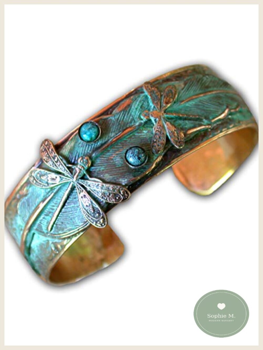 Handmade Turquoise Dragonfly Cuff Bracelet Verdigris Patina Brass